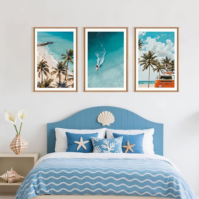 LHIUEM Large Nature Surfboard Beach Framed Canvas Wall Art,Summer Ocean Surfing Wall Decor,Palm Trees Wall Painting,Modern Picture Artwork for Living Room,Bedroom,Dining Room,Office -16"x24"x3