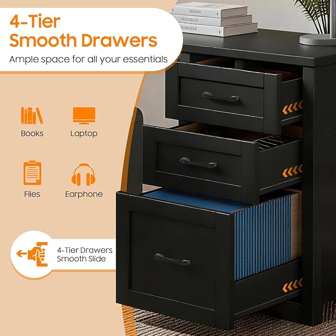 Vabches 61”Farmhouse L Shaped Executive Desk with File Drawers, Corner Computer Desk with Mobile CPU Stand, Wood Writing Computer Desk for Work, Study.Pure Black