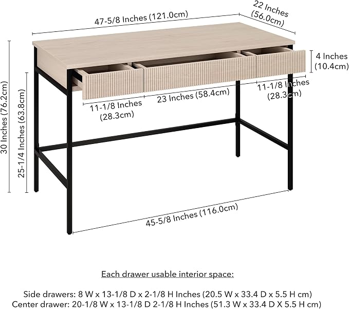 Henn&Hart 48" Fluted Mid-Century Modern Rectangular Wooden Home Office Desk Computer Desk Writing Table with 3 Ribbed Storage Drawers for Bedroom, Living Room, or Home Office, Beech White