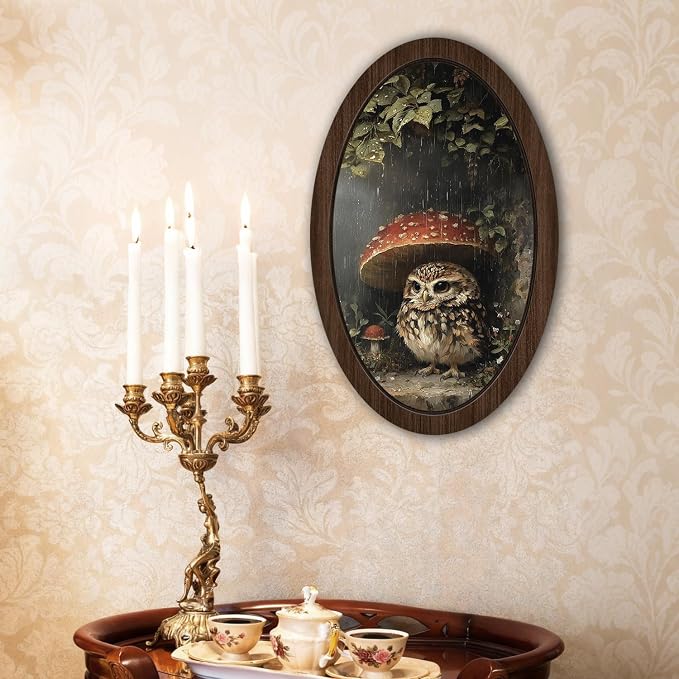 UYIKG Vintage Owl Wall Art Decor,Cute Owl Mushroom Oval Wall Decor,Rustic Cottagecore Animal Botanical Oval Wooden Framed Decorations for Nursery Kids Room Bedroom Living Room 9x14.6 in