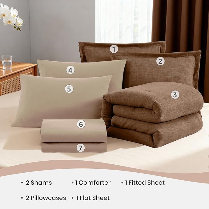 Geniospin Oversized Queen Comforter Sets - 7 Pieces Brown Oversized Queen Bedding Set, Solid Bed Set for All Season, Textured Bed in a Bag with Flat Sheet and Fitted Sheet, Pillowcases and Shams