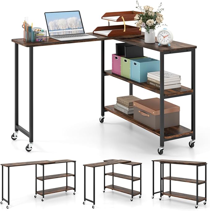 Giantex 360 Rotating End Table, Large Rustic Brown Walnut & Alloy Steel, 40" X 12", 2-Tier Storage Shelves, 265 lbs Weight Capacity