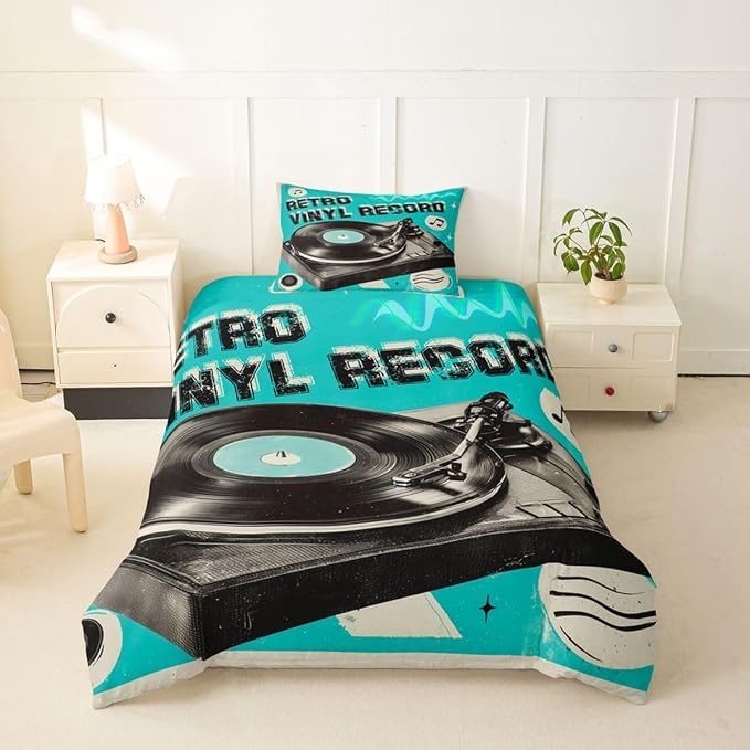 Erosebridal Retro Music Toddler Duvet Cover for Boys Men - Retro Vinyl Record Bedding Set Vintage Nostalgic Music Comforter Cover,Rustic Musical Notes Bed Set