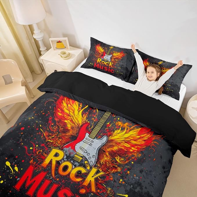 Erosebridal Rock Music Bedding Set Queen for Boys Men - Rock Roll Electric Guitar Duvet Cover Vintage Cool Flame Wings Guitar Comforter Cover,Trendy Punk Music Bed Set