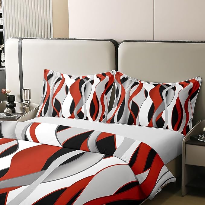 Erosebridal Red and Black 100% Cotton Duvet Cover King Red Geometric Striped Bedding Set for Kids Teens Adults Wave Lines Stripes Abstract Comforter Cover Minimalist Boho Modern Art Bed Set 3 Pcs
