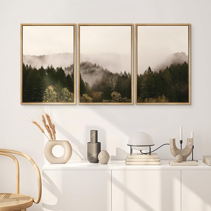 SIGNWIN 3 Piece Framed Canvas Wall Art Brown Foggy Mountains Nature Wilderness Photography Abstract Rustic Canvas Prints Home Artwork Decoration for Living Room,Bedroom - 24"x36"x3 Natural