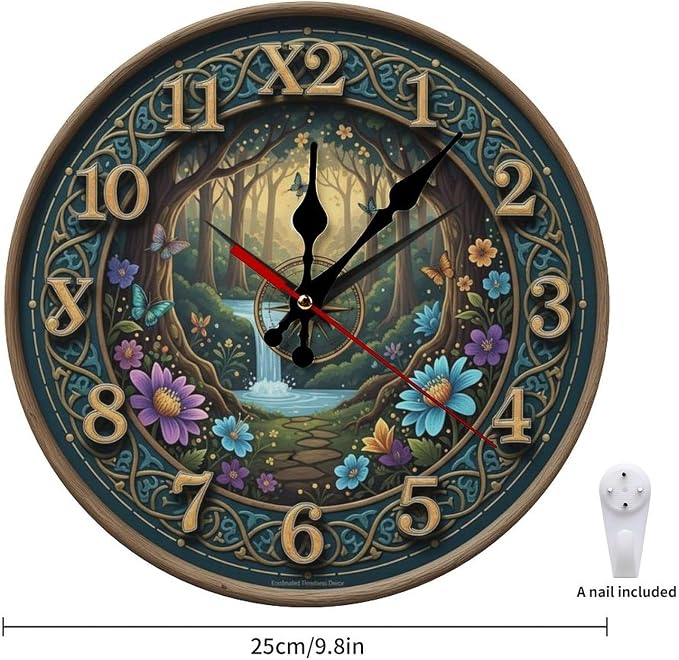 Enchanted Forest Wooden Wall Clock Silent Non Ticking - Frameless 10/12 Inch Battery Operated Decor for Living Room Bedroom Office Kitchen