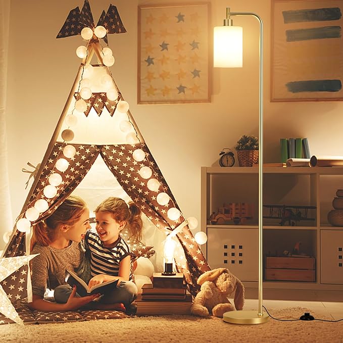 Ziisee Floor Lamps for Living Room - Industrial Standing Lamp with Remote Control Glass Shade, Modern Gold Floor Lamp with LED Bulbs, Tall Lamp for Bedroom Office - Gold