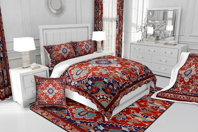 100% Cotton Retro Floral Duvet Cover King Tribal Exotic Bedding Set Boho Antique Fashion Retro Red Yellow Comforter Cover Vintage Bohemian Bedroom Decor Fashion Quilt Cover for Women Men