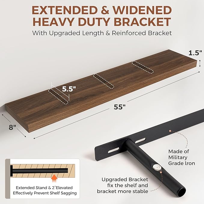 Dreamland 55 Inch Floating Shelves for Wall,8 Inch Deep Floating Shelves,55" W x 8" D Wall Shelves for Bedroom,Living Room, Kitchen,Bathroom,Walnut,Set of 2