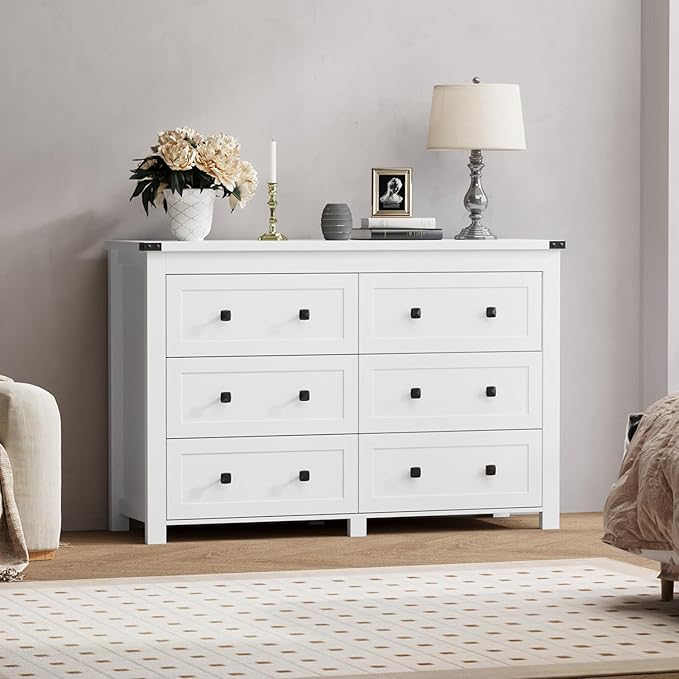 6 Drawer Dresser for Bedroom, White Modern Dressers & Chests of Drawers with Metal Handles, Closet Storage Dresser, Storage Cabinet and Organizer with Drawers