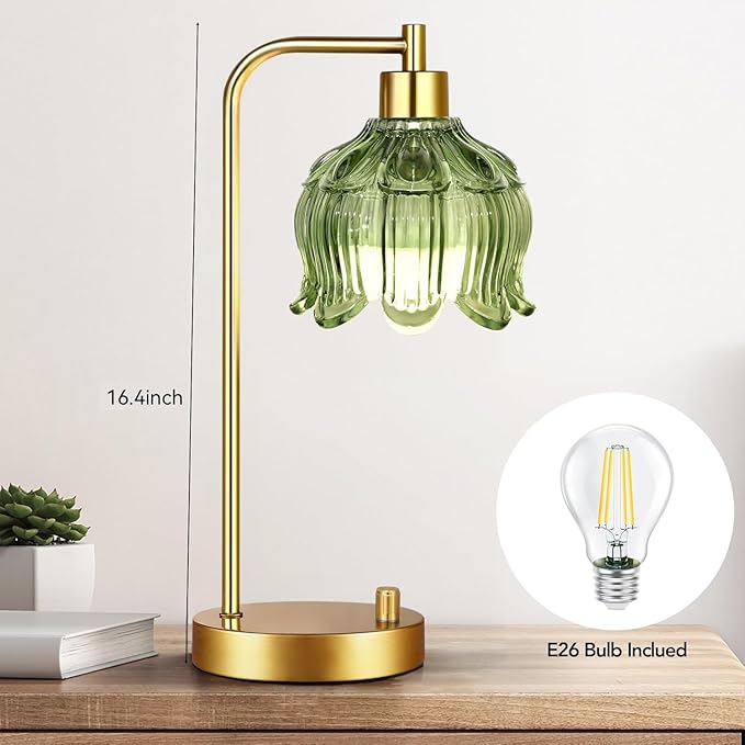 Glass Table Lamp Set of 2,Small Gold Bedside Lamps Dimmable Boho Bedroom Lamp with Tulip Flower Green Lamp Shade,Vintage Mid Century Modern Mini Nightstand Lamp for Bedroom Living Room
