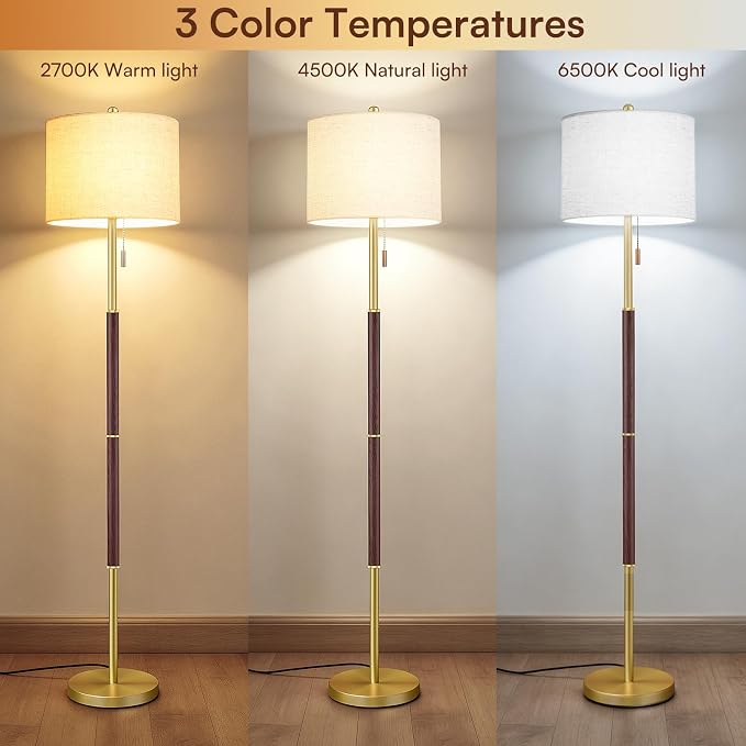 62" Mid Century Modern Floor Lamp, Walnut Standing Lamp with 3-Color Temperature and Pull Chain, Weighted Anti-Tip Base for Safety, Floor Lamps for Living Room Bedroom Corner (6500K Bulb Included)