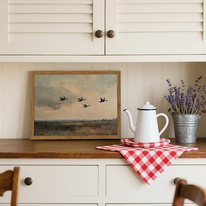 Vintage Flying Duck Wall Art, Rustic Landscape Wall Decor Retro Bird Painting Nature Wilderness 3D Textured Hand Drawn Sandstone Artwork Aesthetics for Bedroom Living Room 16x24 inch Wood Framed