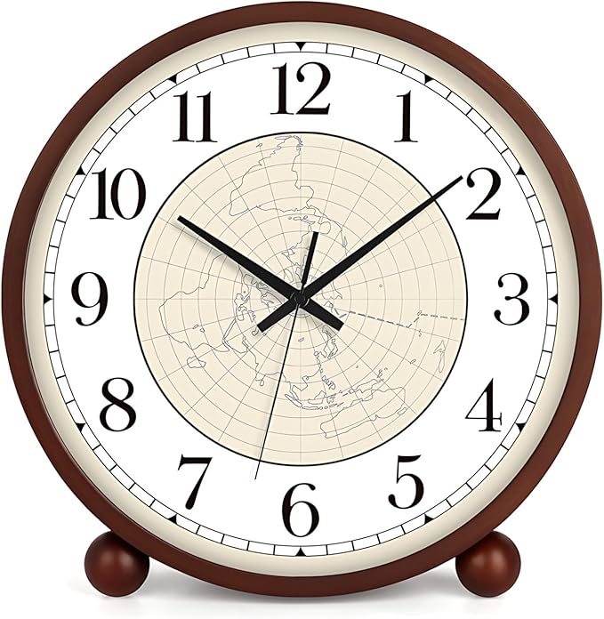 Maxspace Wooden Table Clock,8in Silent Non-Ticking Desk Clock,Battery Operated Desktop Analog Clock for Living Room Bedroom Kitchen Office Classroom Decor (Walnut - Map)