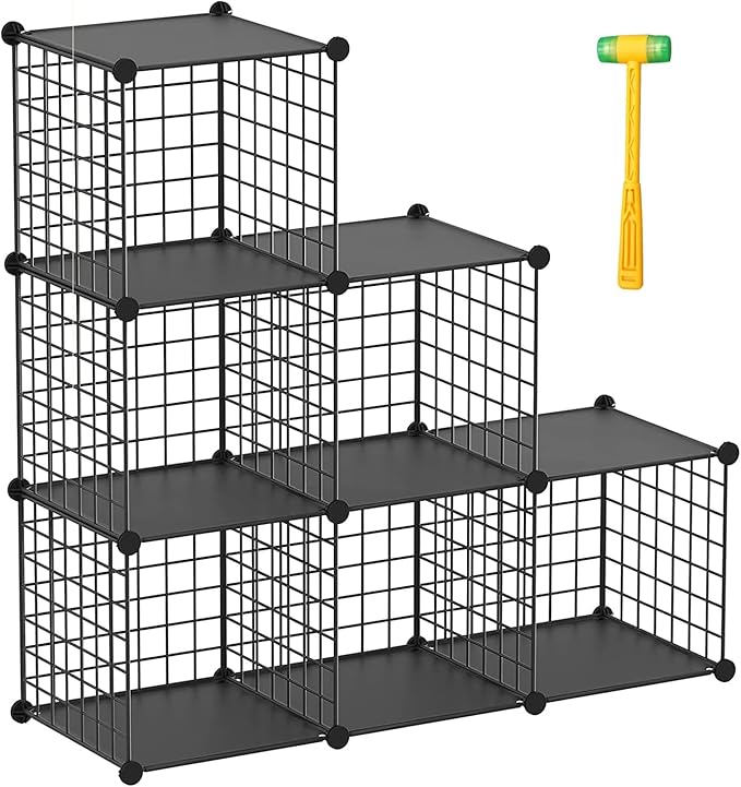 Wire Cube Storage Organizer, Metal Storage Shelves Bookshelf, Stackable Modular Closet Organizer for Bedroom Living Room, Office,Storage Shelves（6-Cube，Black）