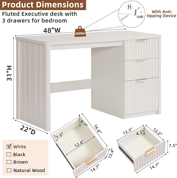 48" Modern Fluted Executive Desk with Storage Cabinet, White Large Home Office Desk with File Drawer & Metal Handles, Wood Computer Writing Table for Office,Study, Bedroom,Living Room