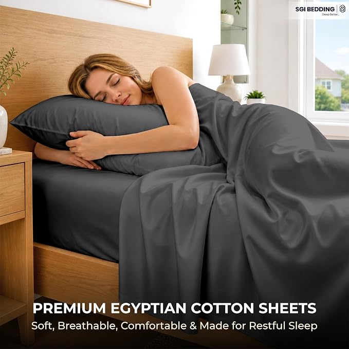 SGI bedding RV Short Queen Sheet Set 60x75, 600 TC Egyptian Cotton, 4 Piece Luxury Hotel Collection, Ultra Soft & Breathable, Fits RV Mattress Camper & Trailer, 15 Inch Pocket, Dark Gray