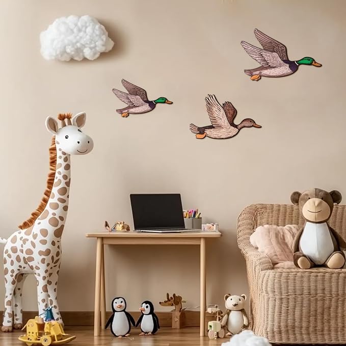 FLHRSM Mallard Duck Baby Stuff 3PCS, Wooden Mallard Ducks Hunting Wall Decor Vintage Farmhouse Wall Art, Nursery Living Room Decor Rustic Baby Shower Party Gifts, Carved Flying Birds Hanging Signs