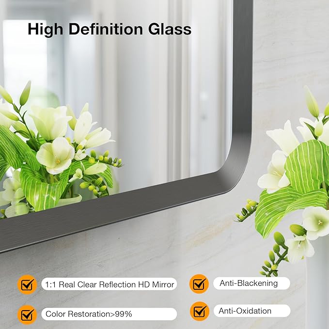 30x40 inch Black Rectangle Bathroom Mirror, Metal Aluminum Frame, HD Tempered Glass, Horizontal/Vertical Hanging, Modern Over Sink Mirror