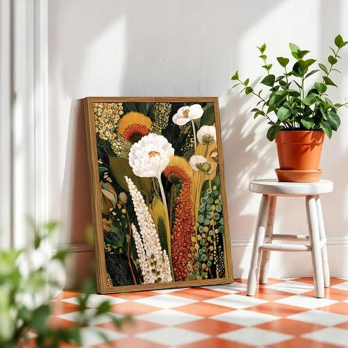 Framed Vintage Floral Canvas Wall Art, Abstract Flower Pictures Wall Decor, Boho Wildflower Botanical Paintings Prints Mid Century Modern Home Decor Aesthetic for Living Room Bedroom 12x16 inch