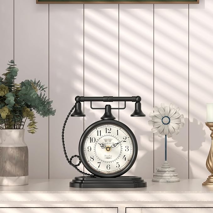 Vintage Table Clock, Desk and Shelf Decor Clock, Black Antique Telephone Style Mantel Clocks, for Living Room, Farmhouse, Bedroom, Bedside, Gift (7.3" H x 7.3" W)
