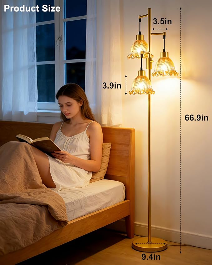 3-Light Modern Glass Floor Lamp, Gold Standing Tall Lamp with Amber Glass Shade for Reading, Dimmable LED Floor Lamp with 5Lbs Heavy Base for Living Room Bedroom Home Decor, Bulb Included