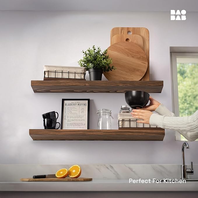 BAOBAB WORKSHOP Wood Floating Shelves for Wall 30 Inches Long, Solid Wooden Bathroom Shelf Large, Heavy Duty Wall Shelf 30 Inch Kitchen Bedroom Rustic Farmhouse, Walnut Shelves, 30W × 6.7D, Set of 2