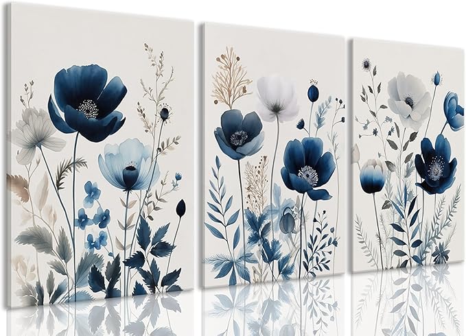 BingruiArt Navy Blue Canvas Wall Art Blue and Gray Boho Flower Wall Decor Floral Watercolor Art Prints Pictures Painting for Living Room Bedroom Bathroom 3Pcs 12x16in Framed