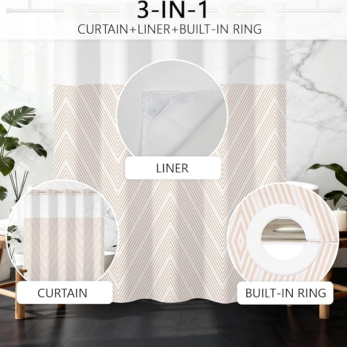 No Hook Shower Curtain with Snap in Fabric Liner - Beige and White Minimalist Chevron Pattern, Waterproof Double Layers for Modern Farmhouse Bathroom, See Through Top Window, 71x74 Inches