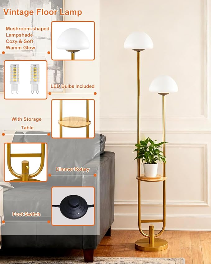 Lightdot 63IN Gold Dimmable Floor Lamp with Table Modern Mid Century Standing Lamps with Bulbs Included Unique Vintage Tall Floor Lamp with 5Lbs Heavy Base for Living Room/Sofa Beside/Corner Decor