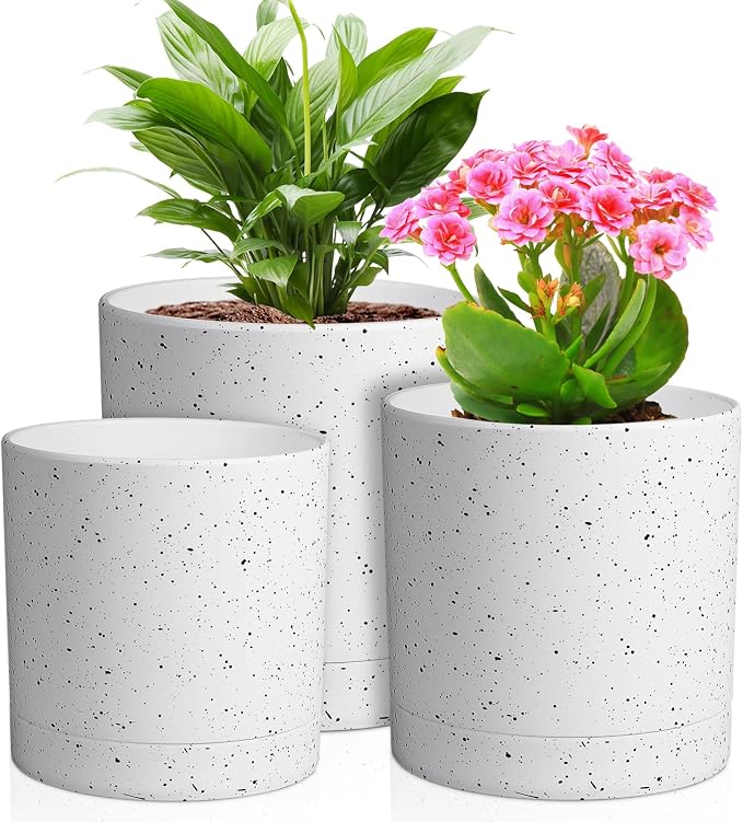 Meowell 6/5/4 inch Plant Pots, 3 Pack Cylinder Flower Pots for Small Indoor Outdoor Plants, Plastic Planters with Drainage Holes and Saucers for Garden Succulent House Plants, Speckled White