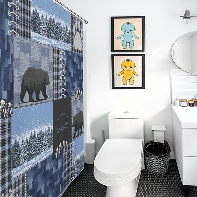 Vintage Rustic Bear Cabin Shower Curtain Board Country Retro Wild Animal Snow Farmhouse Lodge Waterproof Shower Curtains for Bathroom Decor 12 Pack Hooks 72x72in (183x183cm)