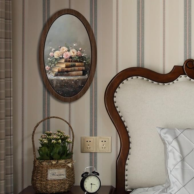 UYIKG Vintage Floral Wall Art Oval Framed,Farmhouse Oval Wooden Wall Decor,Oil Painting Art Wooden Framed Decor for Theme Room Home Bedroom Living Room Reading Room 9x14.6 in