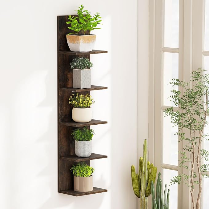 LOKO 5-Tier Wall Shelf, Vertical Column Storage Organizer with Expansion Screws, Decorative Wall Mounted Shelving, Floating Wooden Display Shelf for Living Room, Kitchen, Bathroom (2,Rustic Brown)