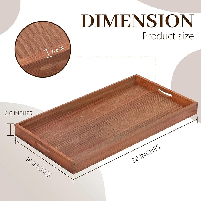 MAONAME Extra Large Cherry Wood Serving Tray with Handles, 32 x 18 inches Wooden Ottoman Tray, Long Serving Board for Party Breakfast Dinner, Classic Charcuterie Board for Meat, Cheese & Appetizers