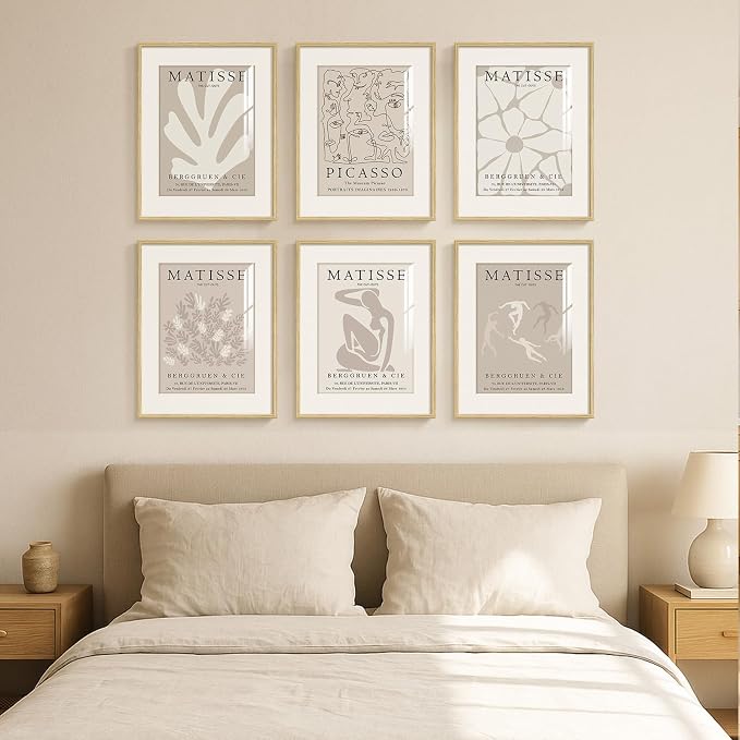 Framed Neutral Abstract Wall Art, 6 Piece Modern Matisse Prints Artwork for Walls, Minimalist Beige Matisse Pictures for Living Room, Bedroom, Dining Room, Lounge, Bathroom Wall Decor 11x14 In