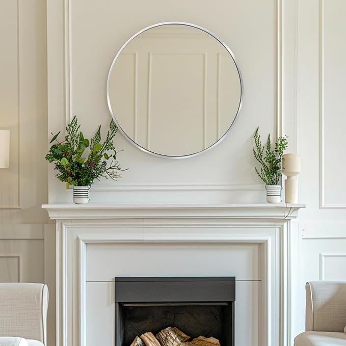 Silver Round Mirror, Circle Mirror 24 inch, Silver Round Bathroom Mirrors, Circle Wall Mirrors for Bathroom, Living Room, Hallway, Vanity, Over Sink, Mantel