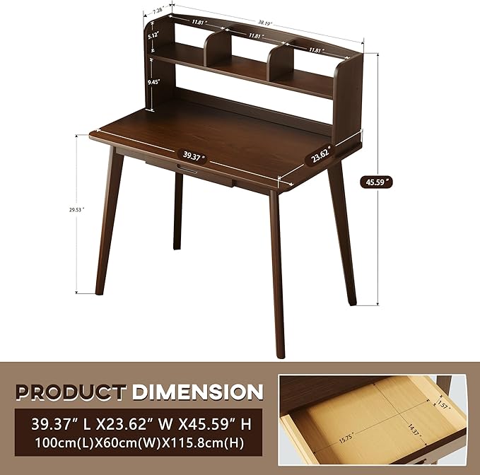 IOTXY Small Writing Desk with Hutch - 39.4" Work Computer Study Table with Drawer for Home and Office, Black Walnut
