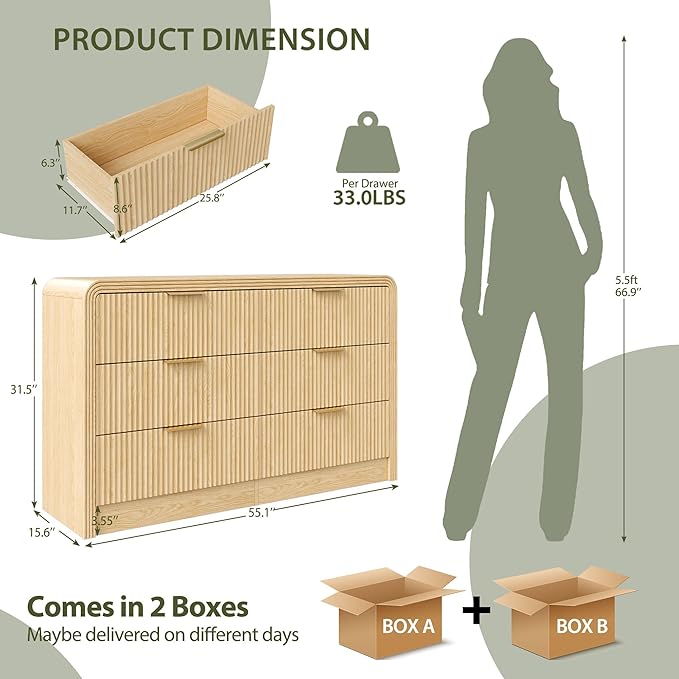 Fluted 6 Drawers Dresser for Bedroom,55'' Wide Wood Dressers with Gold Handles, Modern Dressers with Wave Texture, Large Storage Chest of Drawers, Bedroom Dresser Organizer (Natural Oak)