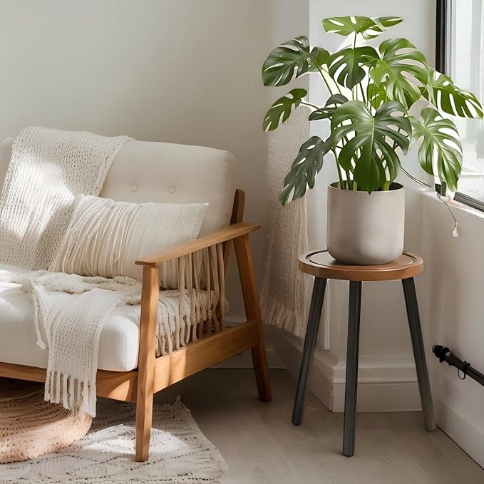 2-Pack Wood Plant Stands Indoor, 16.7" Tall Plant Stand Outdoor Mid-Century Plant Stool, Single Plant Table Modern Small Round Side/End Table for Living Room, Balcony, Office(Brown)