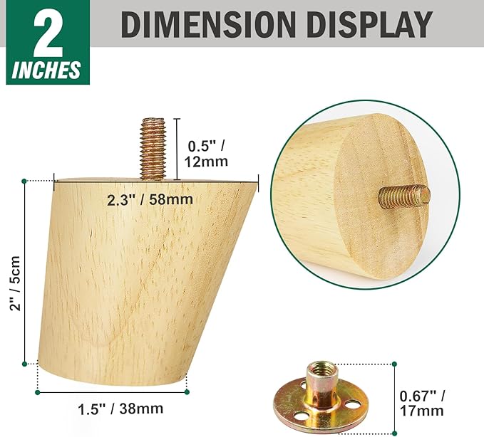 FoDau770 Rubber Wood Furniture Legs 2 Inches, Slant Tapered Wood Feet Mid Century Sofa Legs Set of 4, 5/16" UNC Furniture Feet Replacement Parts for Cabinet Couch Dresser Chair Ottoman Table
