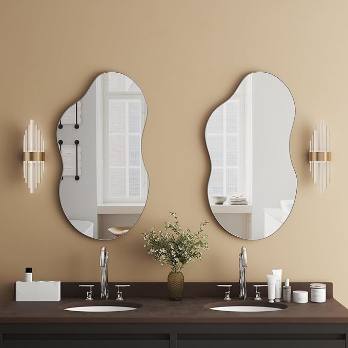 SHYFOY Decorative Wall Mirror Irregular, 36"x20" Silver Asymmetrical Mirror with Metal Frame for Wall Decor Bathroom Livi Curvy Abstract Wall Decor,