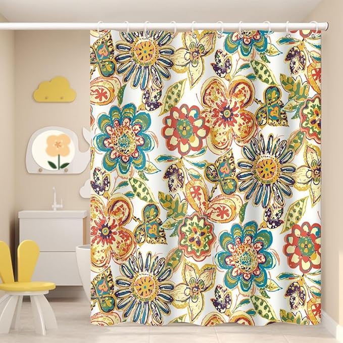 Boho Floral Bathroom Shower Curtain - Retro Funky Bohemian Flower Colorful Waterproof Durable Fabric Artistic Home Decor Shower Curtain with Hooks, 65x72 Inch