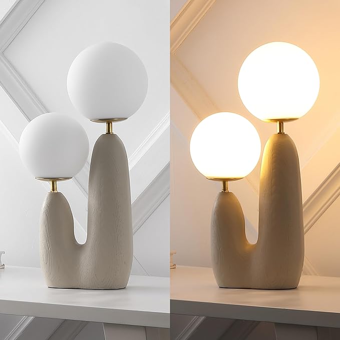 JONATHAN Y JYL4065C Oda 17.75" 2-Light Modern Bohemian Resin/Iron/Frosted Glass Danish Cactus LED Table Lamp for Bedroom, Living Room, Office, College, Nightstands and Coffee Table, Almond/Brass Gold