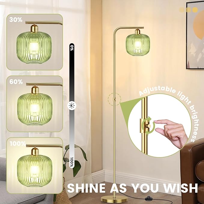 Dimmable Gold Floor Lamp, Mid Century Modern Floor Lamp with Foot Switch, 67" Tall Lamp Green Ribbed Glass Retro Brass Standing Lamps for Living Room Bedroom Office Study Room
