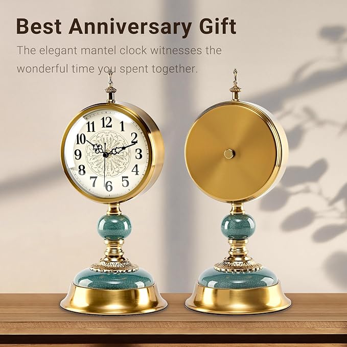 BRONVIA amusediy 6-Inch Vintage Mantel Clock, Antique Desk Clock, Retro Anniversary Clock with Metal and Ceramic Body, Silent Table Clocks for Fireplace,Easy to Read DéCor Clocks for Living Room.