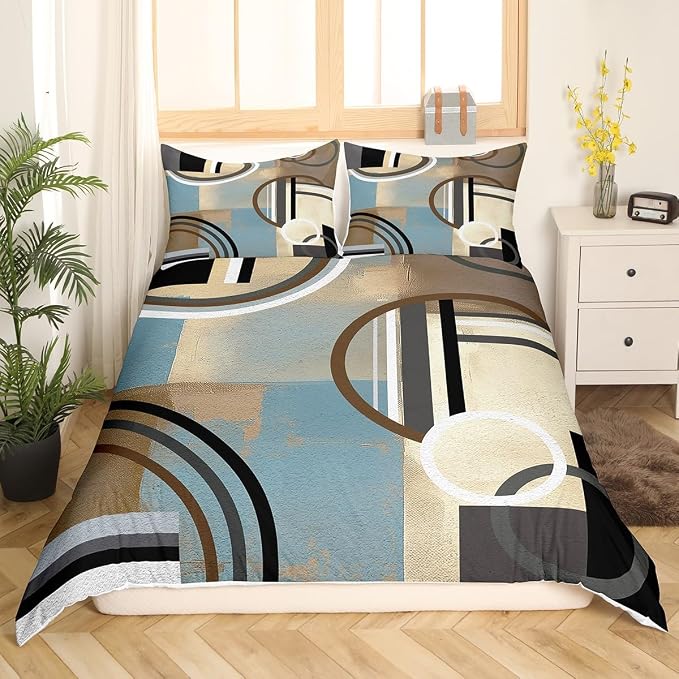 Brown And Blue Duvet Cover Full, Oil Painting Comforter Cover for Kids Bedroom Decor,Watercolor Pastel Artwork Bedding Set,Geometric Circles Swirls Bedspread Cover 3Pcs with 2 Pillow Cases