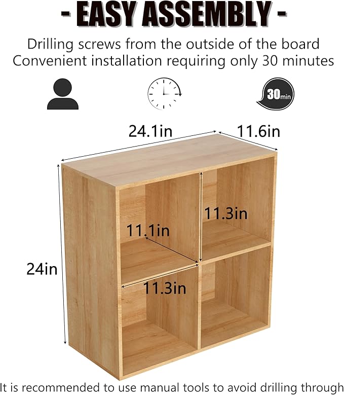 Wooden 4 Cube Storage Organizer with Closed Back Panel,White Cube Shelf Cubby Storage Organizers with Compartments for Living,Bookshelf,Organizers Easy to Install (Oak, 4 Cube)