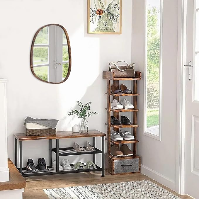 Small Wall Mirror Asymmetrical Irregular Wood Frame Mirror Modern Unique Wall-Mounted Artistic Oval Shape Mirror Decor for Bedroom Living Room Bathroom Vanity Entryway Hallway